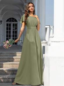 Volly Toych Elegant Matcha Green Long Bridesmaid Dress, Round Neck Ruffle Short Sleeve, Flowing Chiffon Fabric, Suitable For Weddings - Matcha - View 6