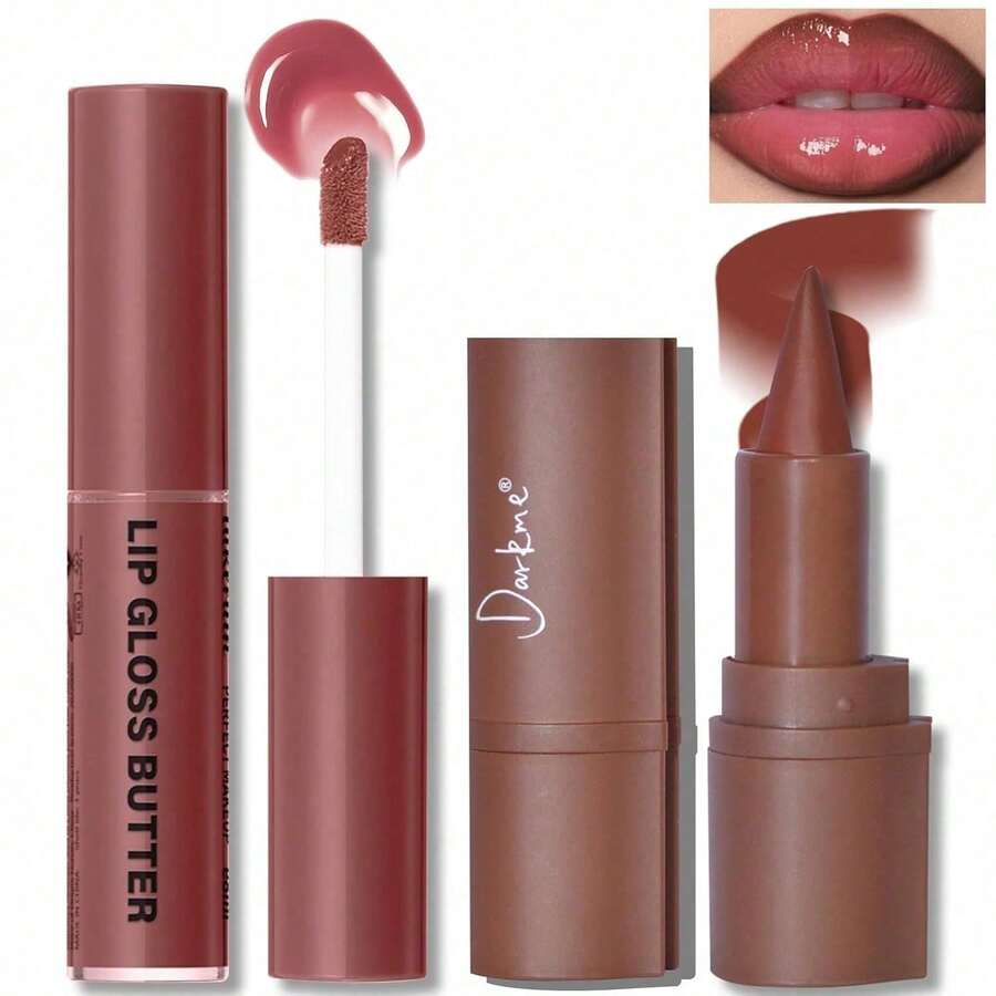 Lip Liner And Gloss Set, Dark Brown Plumping Lip Liner Lip Pencil Moisturizing Lightweight Lip Gloss Lip Combo, High Shine Glossy Lip Tint Lip Stain Makeup Long Lasting Lip Care For Women - 02 紅色 - 查看 1