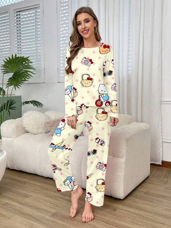 Sanrio Set di pigiama a maniche lunghe con stampa a pois di Hello Kitty di Sanrio, pigiama casual adatto per primavera, autunno e inverno