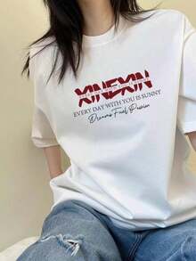 Vintage Letter Print Short Sleeve T-Shirt For Women, Stylish Fitted Tops - 白色 - 查看 3