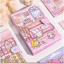 Juego de casa de muñecas de papel para armar DIY, diseño caricatura encantadora de una niña en su rutina diaria con pegatinas de vestimenta y manualidad con materiales pre-cortados. Perfecto para descompresión sensorial, actividades creativas y album de recortes. - casa de muñecas de papel rosa - Ver 7