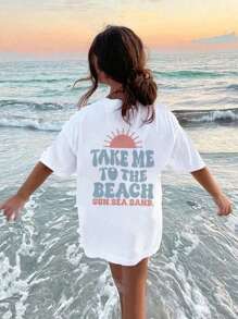 1 pieza Camiseta de manga corta blanca con estampado para niñas, ropa casual para estudiantes y jóvenes, apropiada para la playa