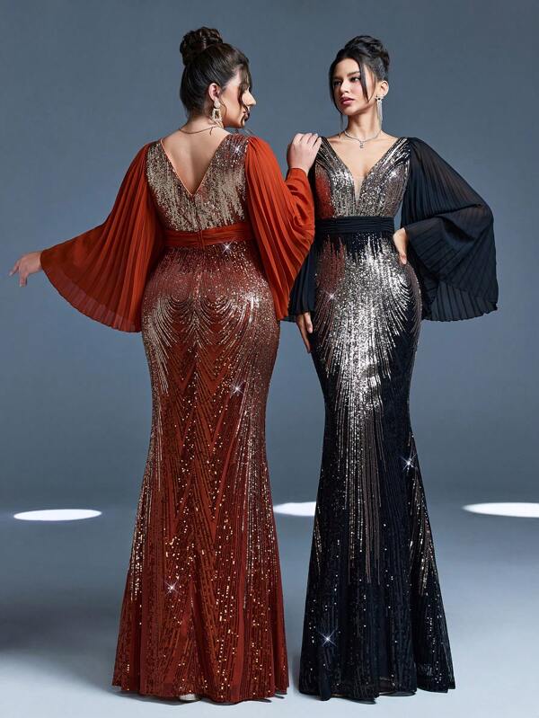 Mgiacyv V-Neck Chiffon Long Sleeve Patchwork Sequin Sexy Bodycon Fishtail Dress