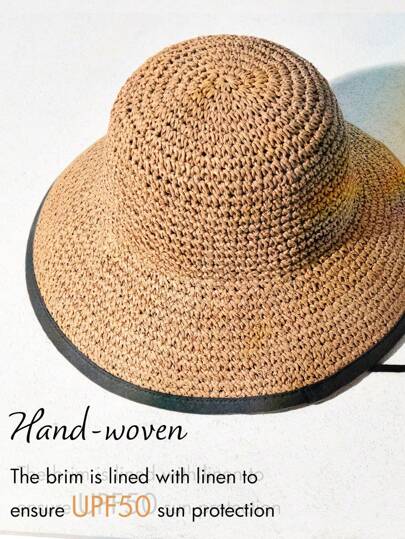 1 pieza Sombrero de paja tejido a mano para mujer, sombrero plegable ligero hecho a mano con protección solar, adecuado para playa, vacaciones, estilo campestre, regalo de verano