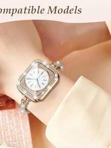 2-In-1 Rose Gold Protective Case + Cylindrical Rhinestone Metal Strap Set For Apple Watch - Bracelet Design Replacement Strap [38/40/41/42/44/45/46/49mm] | Women's Sparkling Crystal Soft Strap For Ultra/SE/10/9/8/7/6/5/4/3/2/1 Series