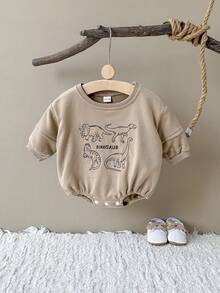 INS 婴儿男女童休闲恐龙刺绣棕色长袖连体衣，春秋季