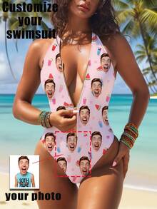 1pc Customized Women's Swimsuit, Face Customized, Personalized, Women's Zipper Strap Backless Swimsuit, Women's High Waist Sleeveless Swimming Swimsuit, Sexy, Girly, Pool, Beach, Holiday, Girl Swimwear - Pink - View 1