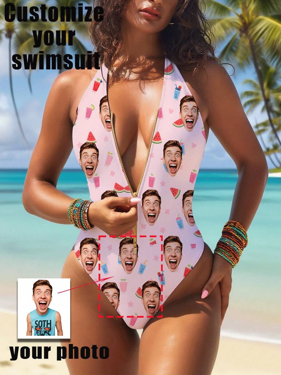1pc Customized Women's Swimsuit, Face Customized, Personalized, Women's Zipper Strap Backless Swimsuit, Women's High Waist Sleeveless Swimming Swimsuit, Sexy, Girly, Pool, Beach, Holiday, Girl Swimwear - Pink - View 1