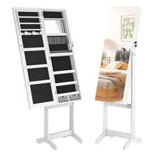 LILIIN Mobiletto portagioie e specchio 2 in 1, con specchio da appoggio, ripiano regolabile per gioielli, 152 x 39,5 x 36,5 cm, con serratura, specchio a figura intera, bianco/nero