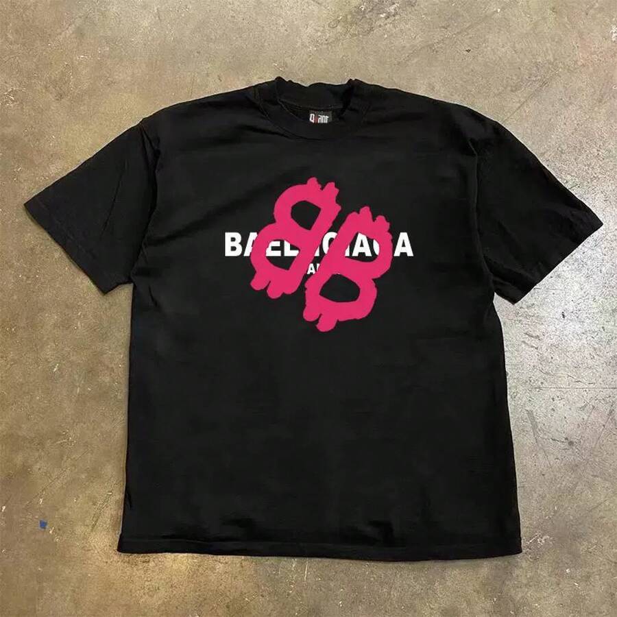 Pink Graphic Tees Men - "Balenciag" Text Men Shirts - 黑色 - 查看 1