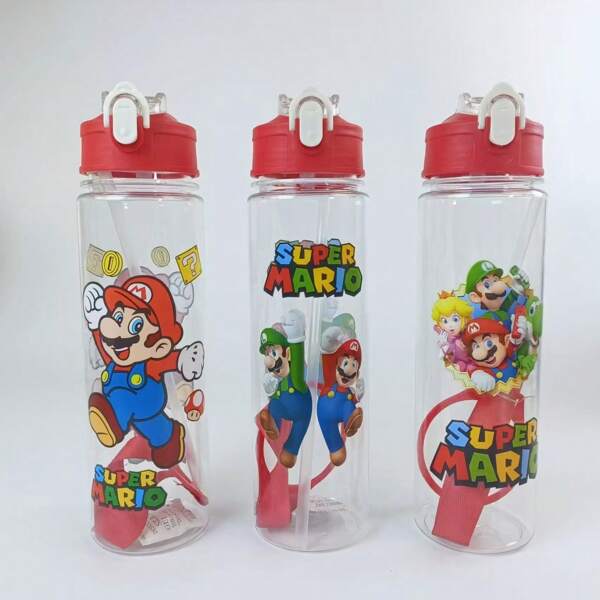 Super Mario Super thematische auslaufsichere Sportwasserflasche mit Strohhalm, tragbares Design perfekt für Outdoor-Camping, Autofahren, Radfahren, Wandern, geeignet für Herren und Damen Fitness, Super Aufdruck, ein ideales Geschenk für -Fans, Eltern und Freunde