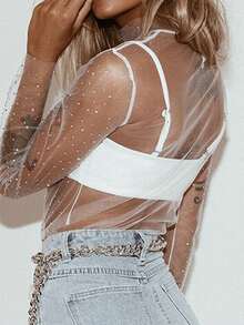 Women's Shine Rhinestone Mesh Tops Sheer Long Sleeve Tee Shirts Bodycon See Through Blouse Clubwear - White - View 2