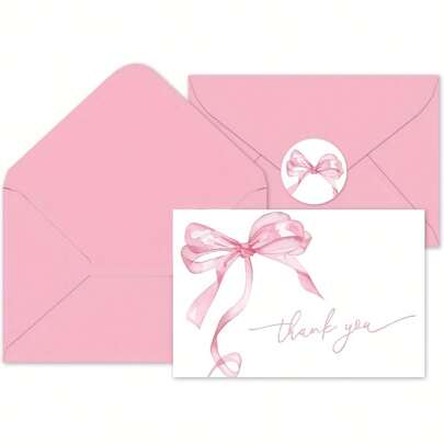 24Pcs Bow Thank You Card Add Beauty Bow Greeting Card With Envelope And Sticker Thank You Business Cards Pink Thanks Greeting Cards Create Ambiance Message Sheet (12 Envelopes And 12 Greeting Cards)