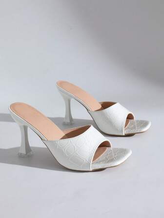 Women Square Open Toe Solid Color Slip-On High Heel Sandals, Versatile Formal Party Dress Shoes