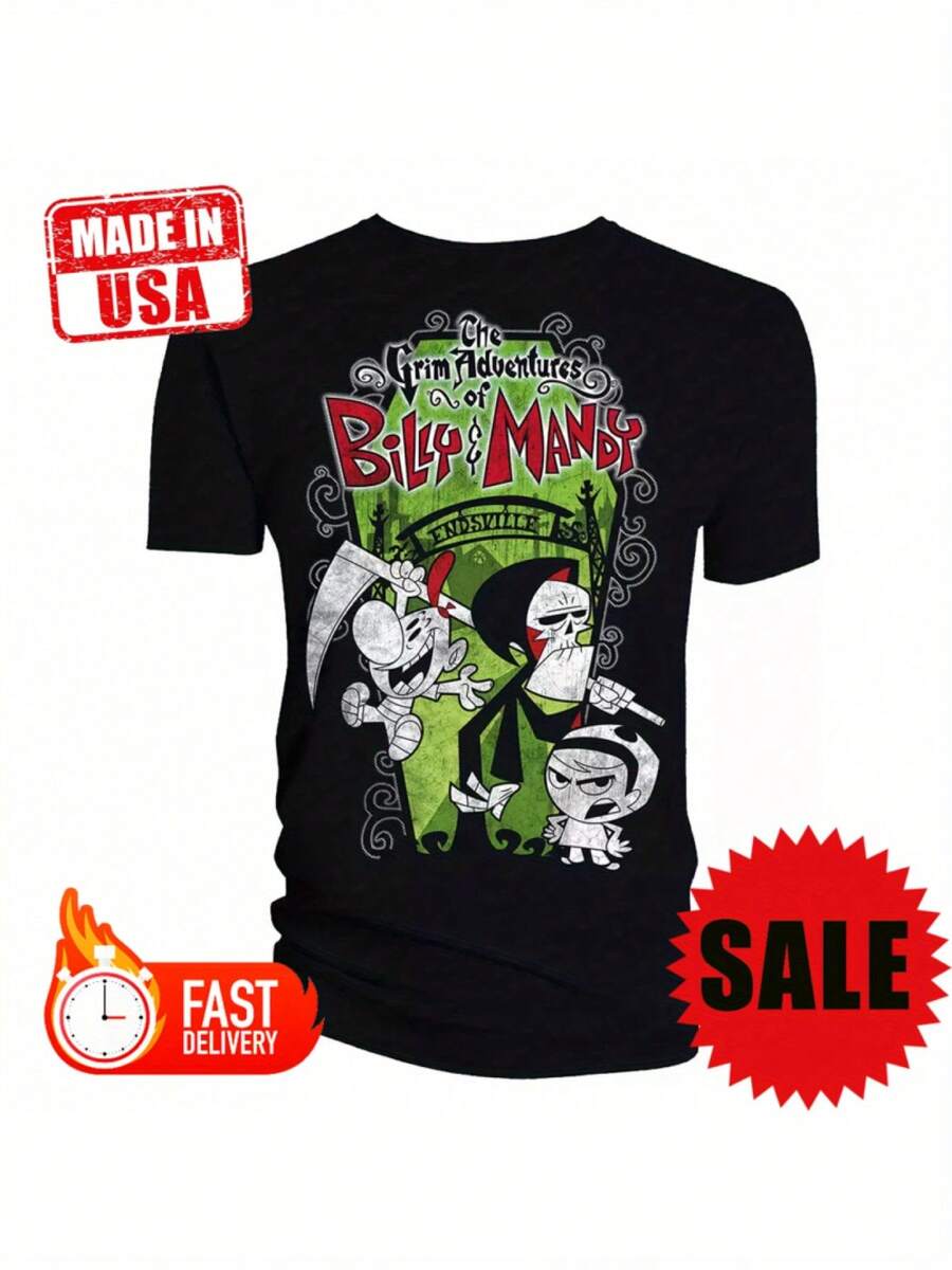 Billy & Mandy Grim Adventures T-Shirt - Soft Cotton Tee With Cartoon Print, Short Sleeve, Round Neck, Sizes S-5XL, Casual Bohemian Style, Fast Delivery - màu đen - Xem 1