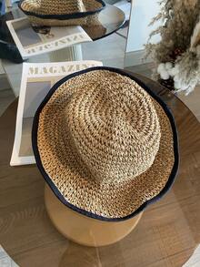1 pieza Sombrero de paja tejido a mano para mujer, sombrero plegable ligero hecho a mano con protección solar, adecuado para playa, vacaciones, estilo campestre, regalo de verano