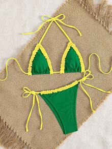 女士比基尼泳衣，可爱波西米亚风印花绿黄泳装，内置胸罩，适合度假、海滩、泳池等场合，秋冬季、情人节、圣诞节、新年派对以及2026年春夏沙滩装。 - 綠色 - 查看 6