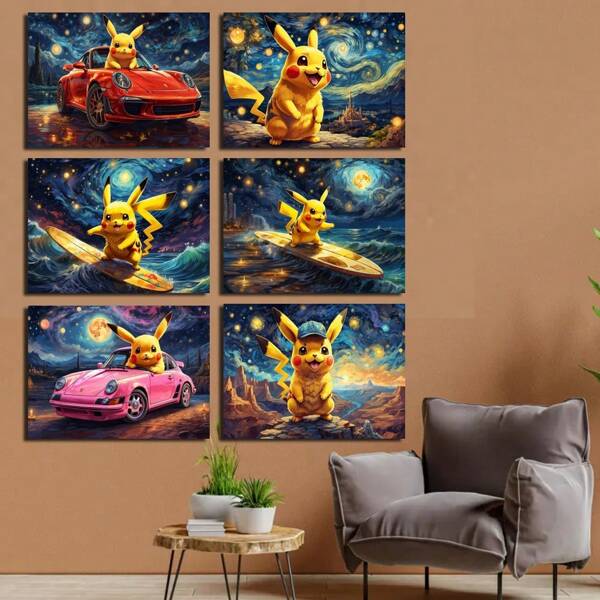pokemon Set Of 1/3/6 Pcs Pop Wall Arts Posters, Pokemon Pikachu Starry Sky Background Posters, Pokemon Art Posters, Modern Children's Room, Study, Dormitory, Bathroom, Living Room, Bedroom, Home Decoration (Unframed-Style)