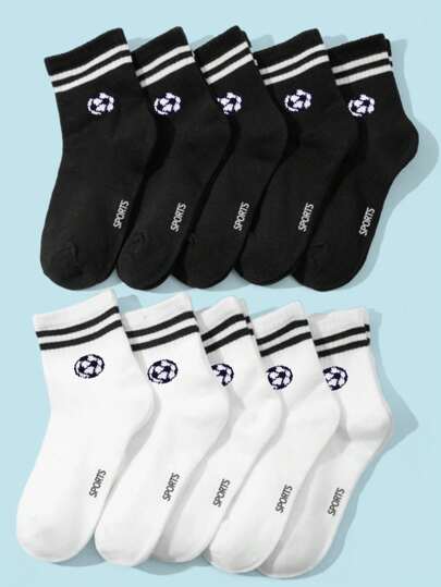 10/5 Pairs Children's Solid Color Sports Mid-Calf Socks, Classic Black & White Short Socks With Football Pattern Decor, Soft & Comfortable, Casual & Versatile Sports Socks For Students, Suitable For Back To School, Sports Events, Daily Wear, Holidays, Back To School Season