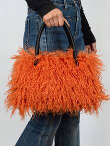 Furry Shoulder Bag For Women Fuzzy Faux Fur Large Tote Handbag Cute Soft Fluffy Purse Tote Bag For Women, Lightweight Puffy Tote Bag With Compartments Quilted Shoulder Bag  Furry Purse Fluffy Tote Bags For Women Winter Faux Fur Bag Fuzzy Purses And Handbags - 橘色 - 查看 1