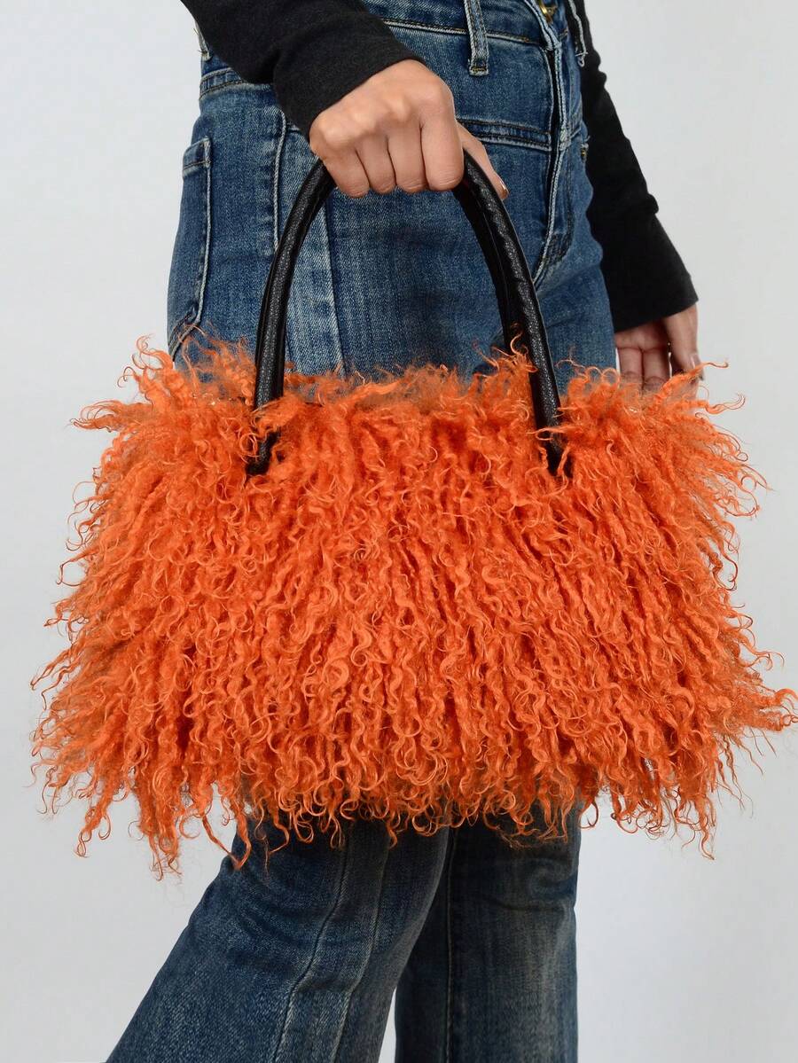 Furry Shoulder Bag For Women Fuzzy Faux Fur Large Tote Handbag Cute Soft Fluffy Purse Tote Bag For Women, Lightweight Puffy Tote Bag With Compartments Quilted Shoulder Bag  Furry Purse Fluffy Tote Bags For Women Winter Faux Fur Bag Fuzzy Purses And Handbags - 橘色 - 查看 1