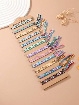 12 件/套波西米亚友谊手链，机器编织和手工编织，复古尼泊尔手工手链适合海滩和度假村