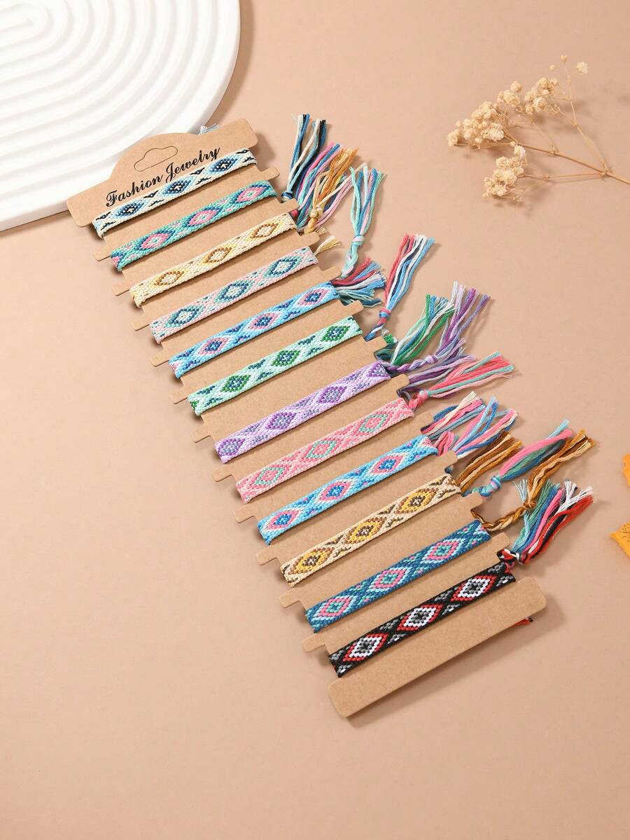 12pcs/Set Bohemian Friendship Bracelets, Machine Knitted & Handwoven, Vintage Nepali Handmade Bracelets Suitable For Beach & Resort - Multicolor 2 - View 1