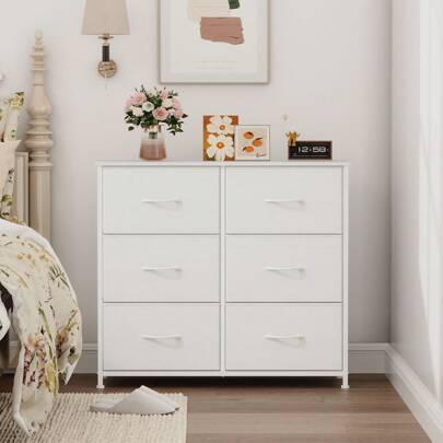 Somdot Dresser For Bedroom With 6 Drawers, 3-Tier Wide Storage Chest Of Drawers With Removable Fabric Bins For Closet Nursery Bedside Living Room Laundry Entryway Hallway,White Leather