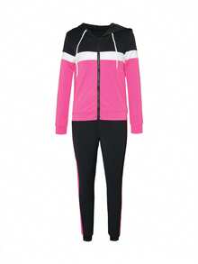 New Fashion Patchwork Casual Hooded Sweatshirt And Sweatpants Set - Hot Pink - View 3