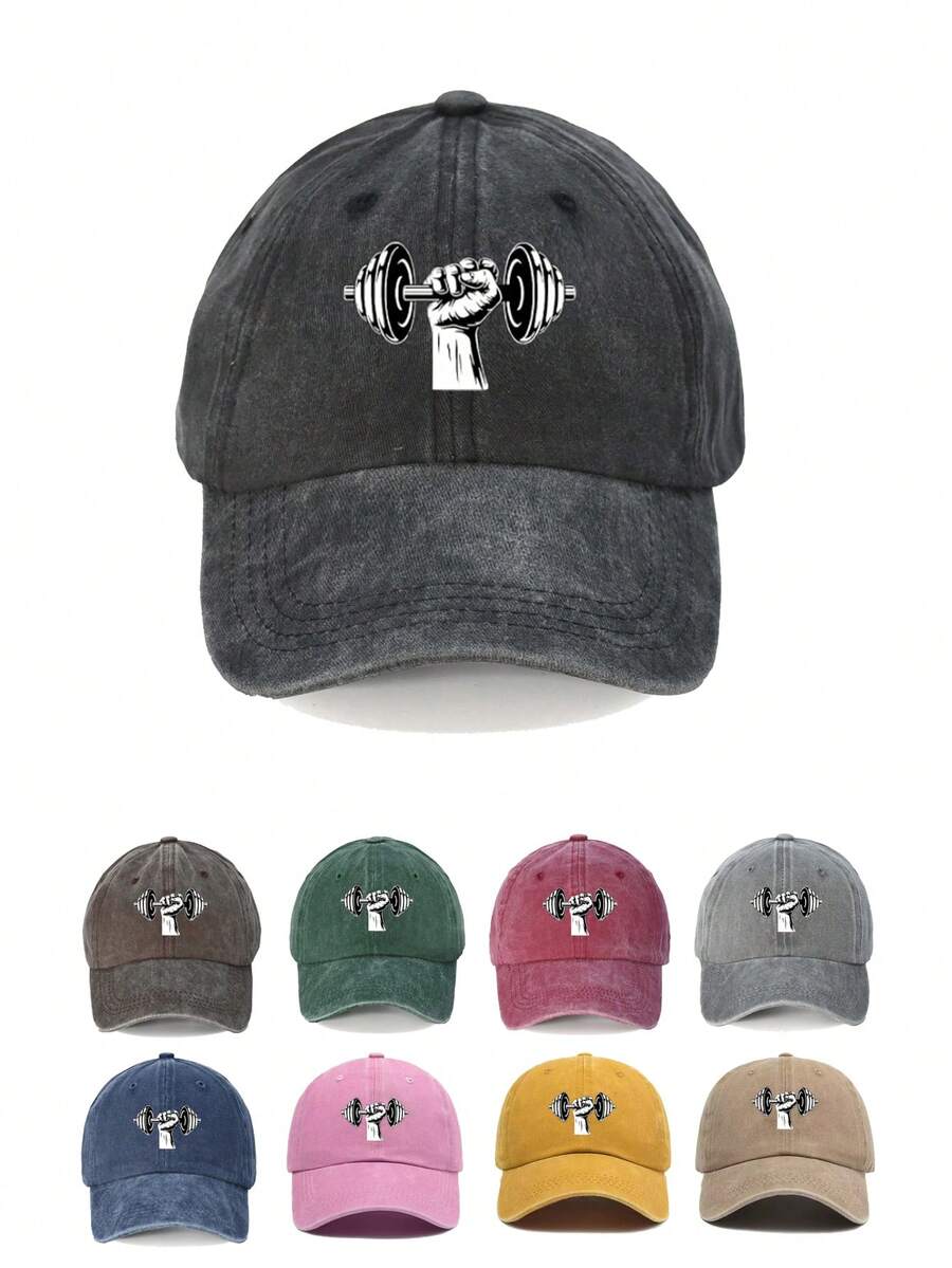 1 件时尚举重做旧印花可调节水洗帽檐男女休闲日常、通勤、上学、骑行、街头时尚老爹帽 - 啞鈴 - 查看 1