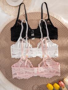 Set de 3 bucăți de lenjerie intimă confortabilă cu închidere frontală din dantelă pentru femei