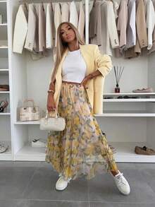 Plus Size Midi Long Mesh Skirt Elastic High Waist A-Line Summer Skirts Cute Lemon Pattern - Yellow - View 3