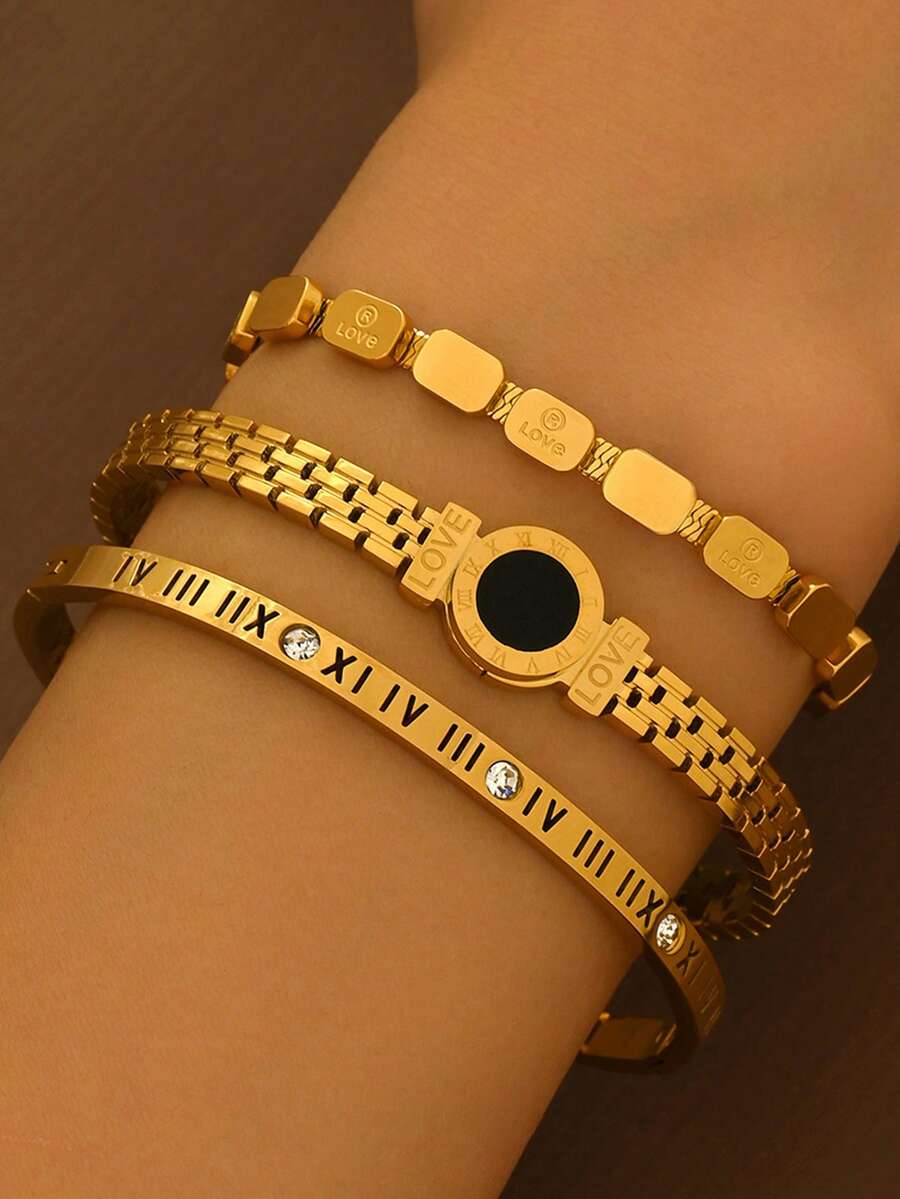 3pcs Elegant Gold Bracelet For Women, Fashionable Roman Time Bracelet, Vacuum Electroplating That Does Not Fade Easily, Bracelet Set, Bracelet Layering Set, Stainless Steel Bracelet Set,Woven Bracelet Stainless Steel Bracelet, Zirconia Bracelet, Nail Bracelet, Titanium Steel Bracelet, Stainless Steel Bracelets, Stainless Steel Bracelet Sets