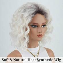 MMidlength Layered Ombre Platinum Blonde Wavy Bob Wigs For White Women 12inch Short Wave Curly Synthetic Wig Side Part Average Size Daily Party Wig8001 - Bạch kim - Xem 6