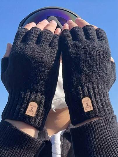 1 Paar Herren Fingerlose Winterhandschuhe - Touchscreen kompatibel, warme Handschuhe zum Fahren, Tippen und Arbeiten, mit Kunstleder-Etikett, geripptem Bund, schwarz und grau, weiche Textur