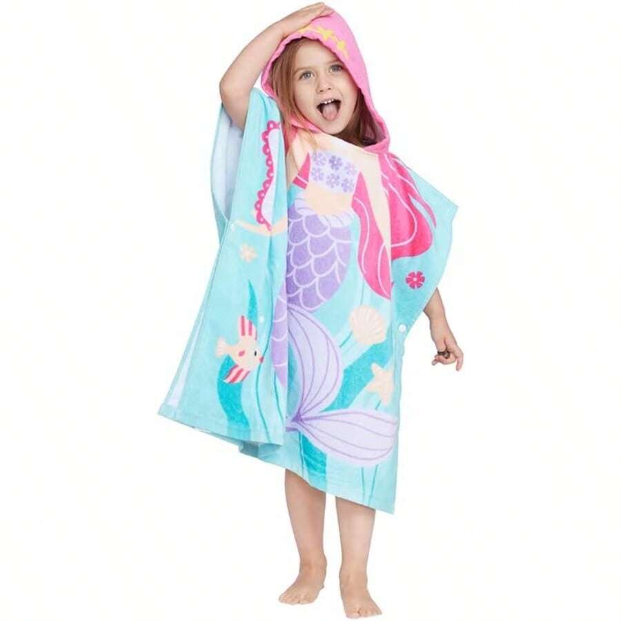 M100% Cotton Hooded Towel For Toddlers 26 Years Boys Girls Bath Pool Beach Towel Soft Absorbent Beach Poncho Little Mermaid5001 - 美人魚 - 查看 1