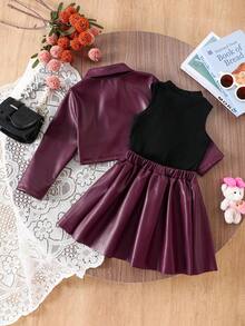 Girls 3 Pieces Set: Round Neck Sleeveless Top, Burgundy Long Sleeve PU Leather Jacket, Burgundy PU Leather Skirt, Elegant & Warm Outfit For Autumn/Winter