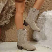Women Pointed Toe Western Boots Cowboy Booties Low Heel - 米色 - 查看 4