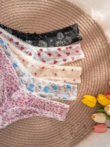5er Pack Damen Höschen aus Baumwolle mit einfarbig, Frucht-, Leoparden- und Schleifen-Motiven, bequem - Verschiedenfarbig - Übersicht 5