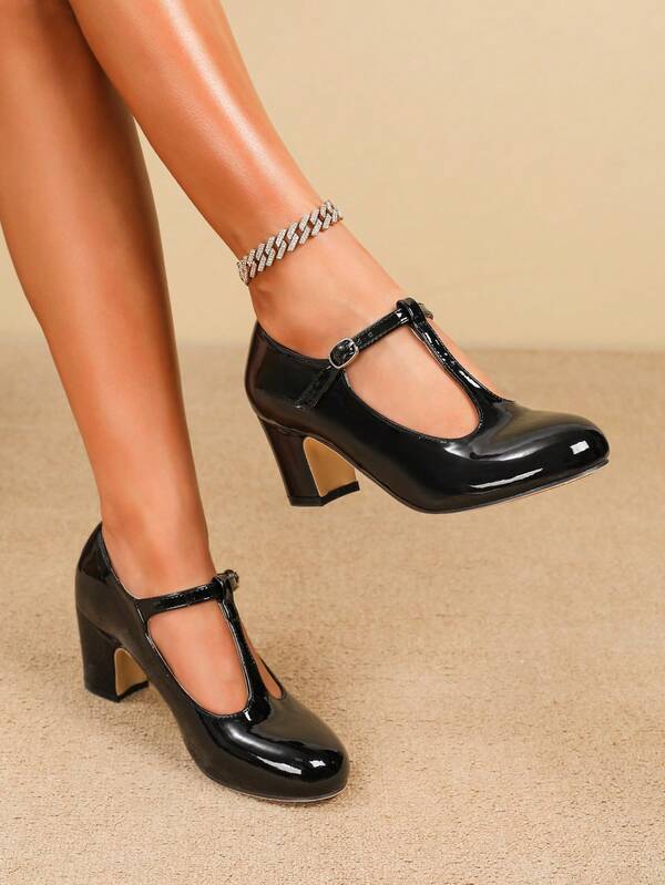 Women's Elegant Fashion Round Buckle Decor Strap Round Toe Chunky Heel Mary Jane Pumps, Buckle Closure For Easy Wear, Suitable For Party/Wedding/Christmas/Work Commute/Spring & Autumn, Black High Heels, Comfortable Women's Shoes, Business Etiquette, Vacation, Women's Formal Shoes