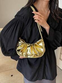 Solid Color, Metallic Shimmery, Ruffle Cloud, Fashionable Vacation Holiday Collegiate Shoulder Crossbody Bag For Women - Gold - View 5