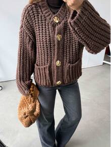 GDDYIN Áo khoác dệt kim màu trơn có túi cài nút cho nữ vào mùa thu - Màu nâu  Mocha - Xem 4