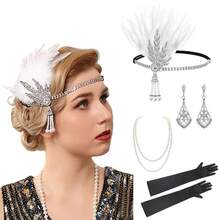 20 世纪 20 年代婚礼/派对头饰套装，包括头带、仿珍珠项链、手套、复古锌合金配饰，适合万圣节舞会