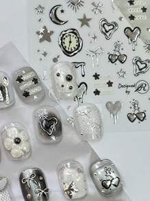 1 张朋克风格 3D 浮雕美甲贴纸 - 天体和心形设计，带有星星、月亮、心形 - 自粘聚氨酯贴花，适合 DIY 美甲， - 銀色 - 查看 6