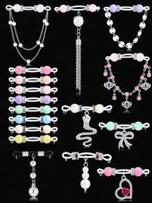 2Pairs Fake Nipple Rings - Adjustable Fit Daily Wear Nipple Nooses - 8mm Candy Beads, Fake Nipple Jewelry Faux Nipple Piercing Non Pierce Faux Barbells, Fake Nipple Piercings, Heart, Snake, Butterfly, Valentine For Lovers, Colorful