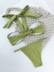 Women's Solid Pleat Halter Style Bikini Set - Green - View 4