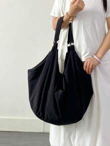Túi đeo vai họa tiết màu trơn dung tích lớn, túi xách đeo chéo thường ngày cho nữ, túi tote bằng nylon, ba lô mua sắm đa năng có thể tái sử dụng thích hợp cho công việc, học tập, du lịch - màu đen - Xem 10