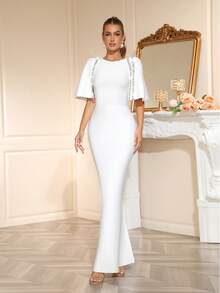 Sexy Women'S Round Neck Half Sleeve Handmade Nail Bead Slim Fit Long Bandage Dress Elegant Women'S Formal Dinner, Wedding, Holiday Party Dress