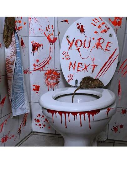 4 件/套万圣节浴室贴纸：4 件 11.81*7.87 英寸血迹、手印和头骨、血手印和脚印墙贴，用于装饰墙壁、客厅背景、制作恐怖马桶座套、万圣节派对家居装饰