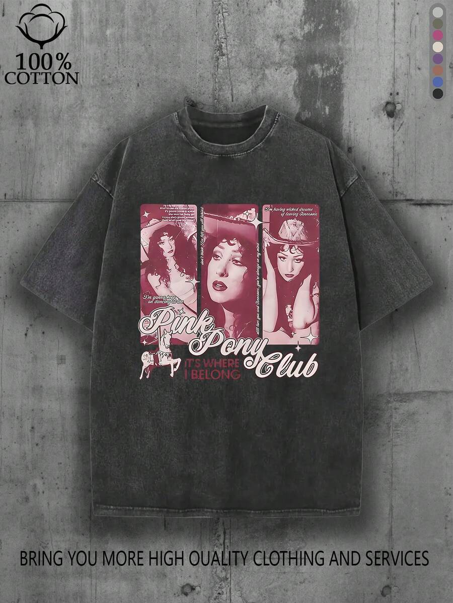 EWH Women's Vintage T - Shirt, "Pink Pony Club" Nostalgic Print, Unisex Fit DG004 - 黑色 - 查看 1